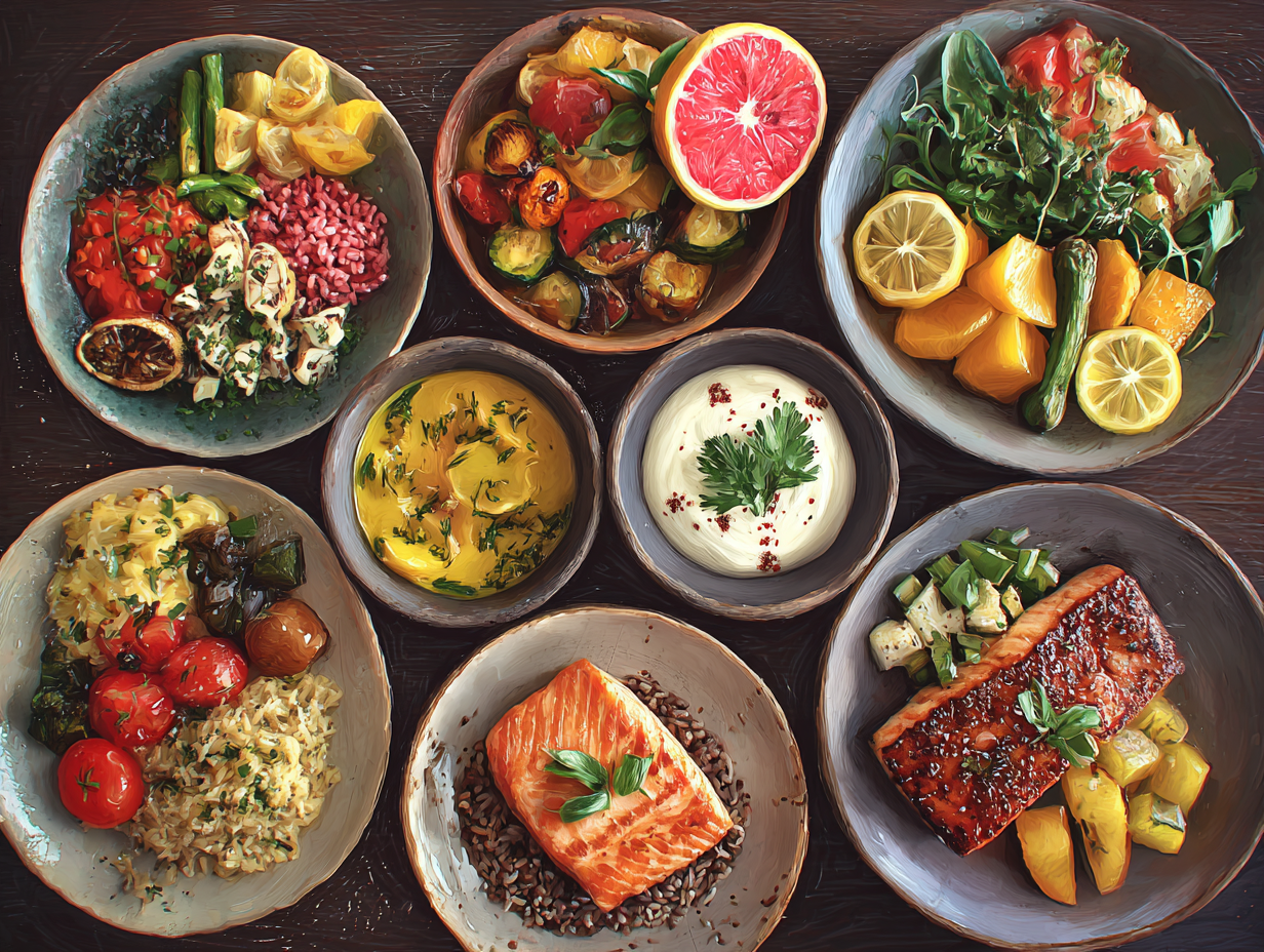 Різноманітні свіжі продукти та інгредієнти для збалансованого харчування