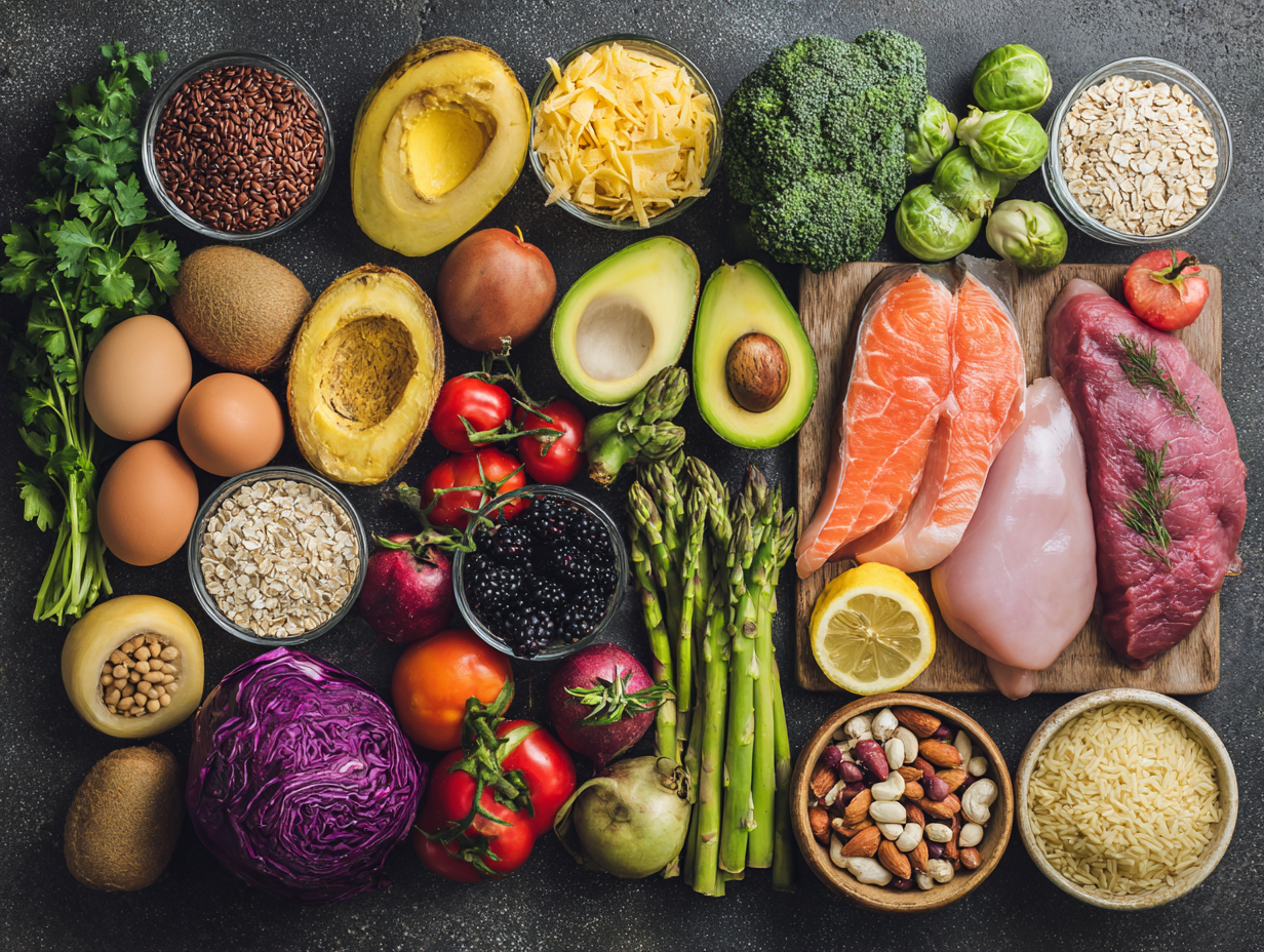 Збалансоване меню з різноманітними стравами та продуктами