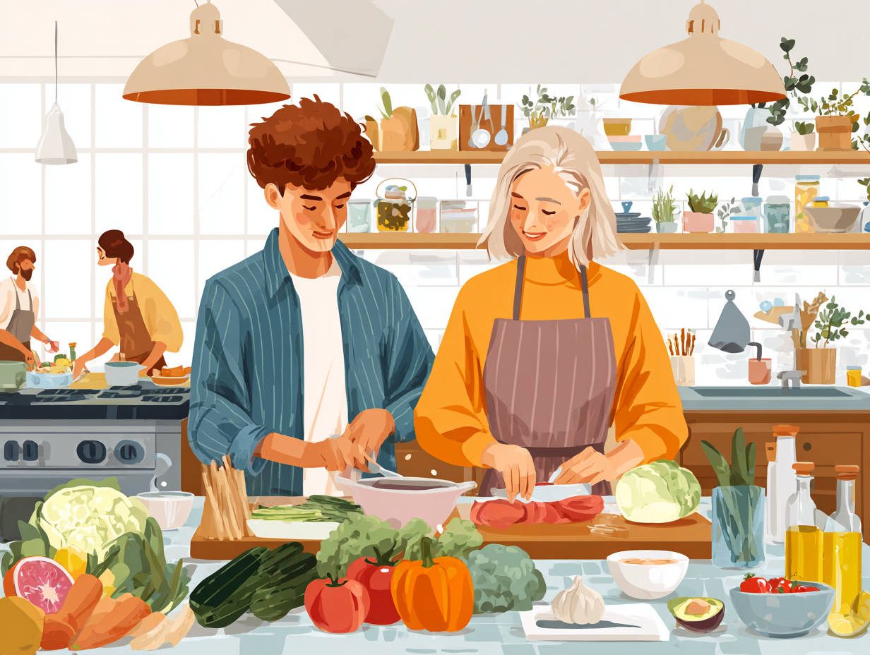 Люди різного віку разом готують здорову та збалансовану їжу